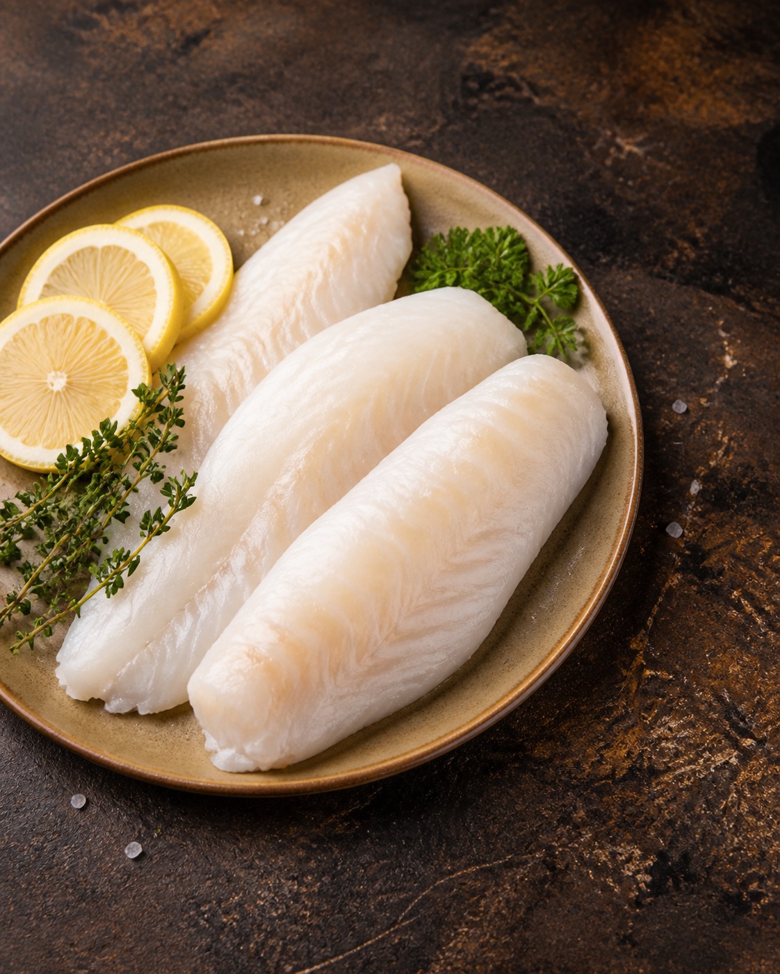 Raw whitefish fillets with lemon and herbs